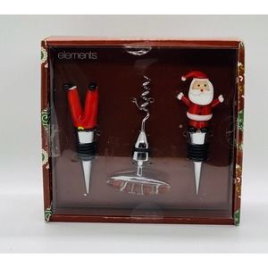 Christmas Wine Stoppers & Corkscrew Santa Claus Art Glass Set of 3